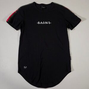 Saint Morta T-Shirt Mens Medium Black‎ Red Green Stripe Longline Curved Hem Tee